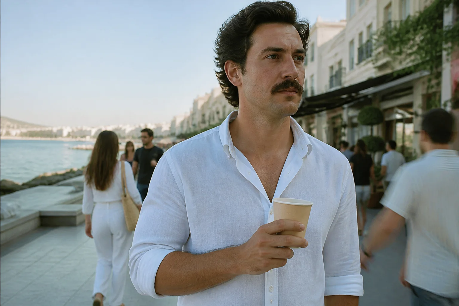 Beyaz gömlekli bıyıklı bir adam sahil kenarındaki kalabalık bir caddede elinde kahve bardağıyla yürüyor