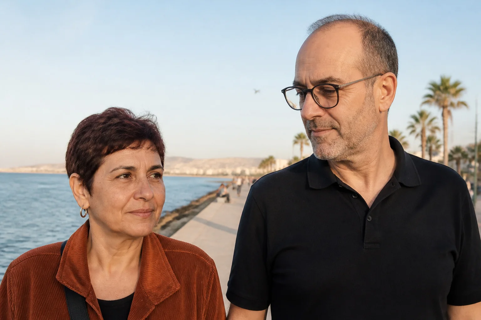 Deniz kenarında yan yana duran kısa saçlı bir kadın ve gözlüklü bir adam, adam kadına sakin bir şekilde bakıyor