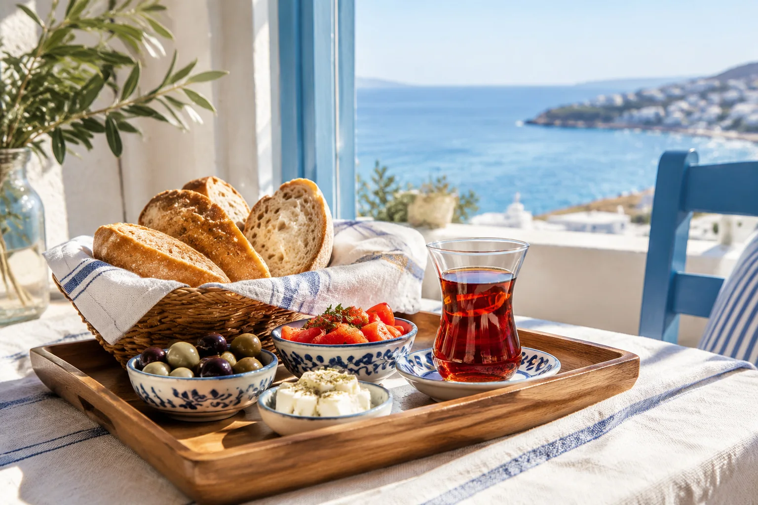 Deniz manzaralı bir balkonda tepside simit, peynir, zeytin ve çaydan oluşan bir kahvaltı