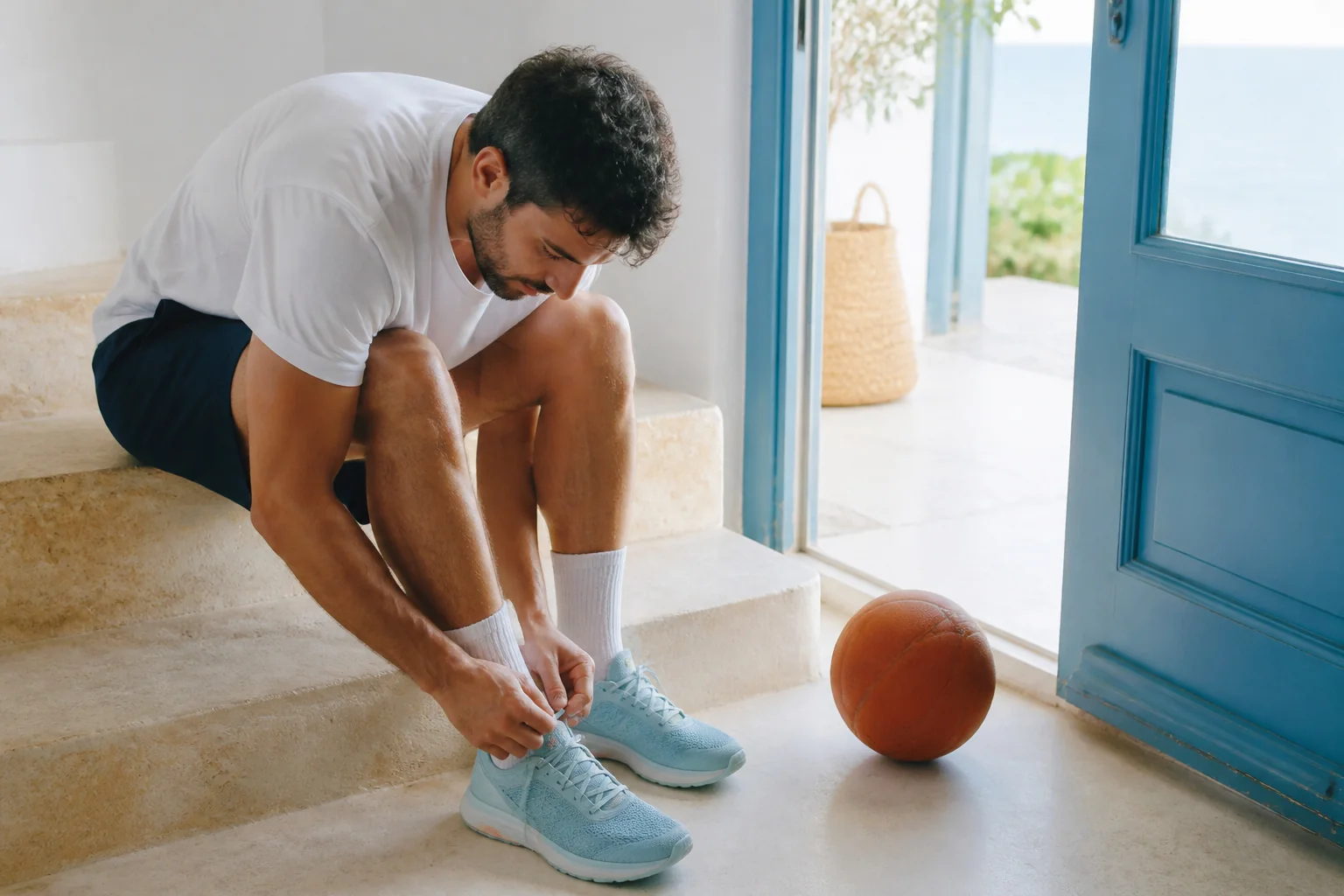 Kapı eşiğinde oturmuş spor ayakkabısının bağcıklarını bağlayan genç, yanında bir basketbol topu