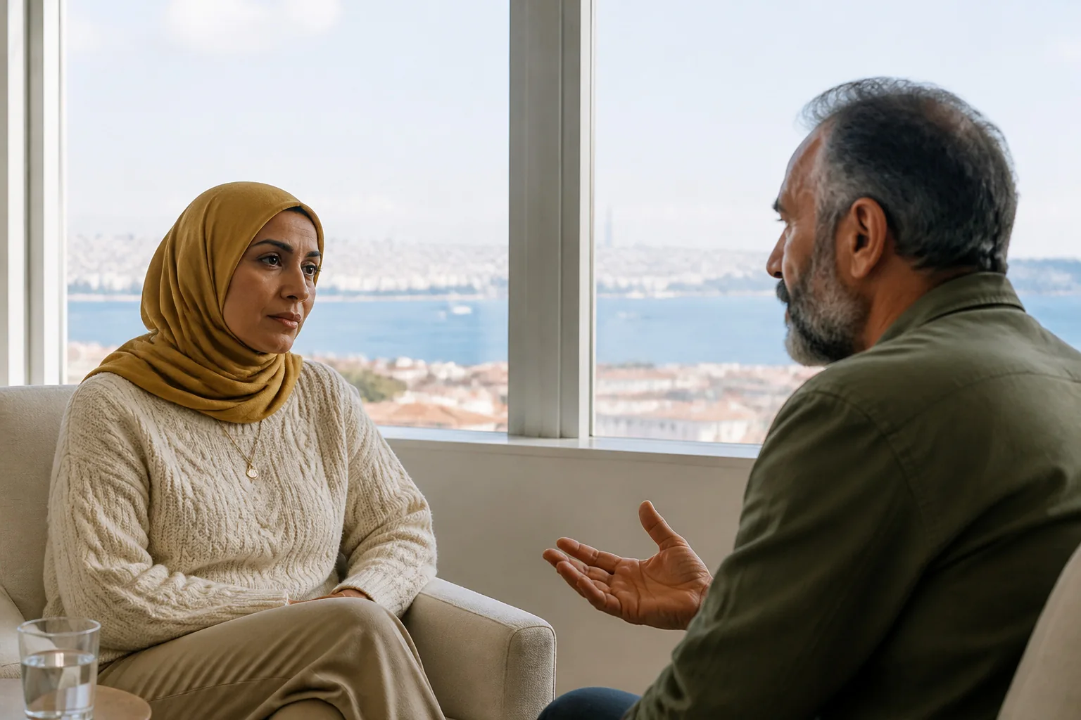 Başörtülü genç bir kadın denize bakan aydınlık bir odada karşısındaki psikiyatristle konuşuyor